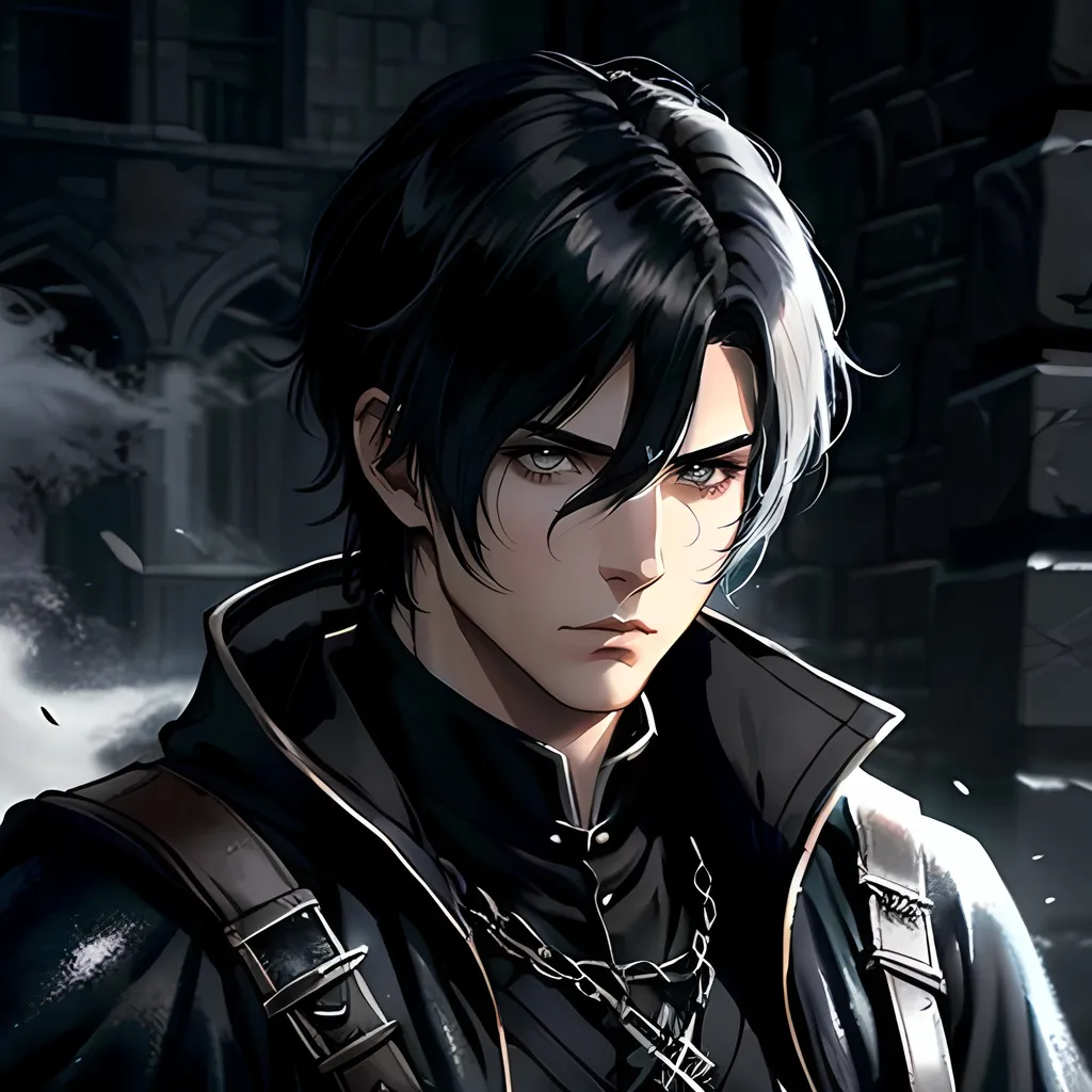 Prompt: 30 year old male dnd ranger, fantasy clothing, short black hair with a white streak, short hair, grey eyes, atmospheric color washes, calm expression, athletic strong build, bloody, masculine, serious, gothic horror themes, cape