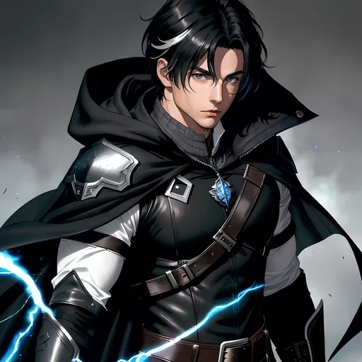 Prompt: 30 year old male ranger, dark leather, cape and hood, fantasy clothing, short black hair (with a white streak in it), grey eyes, atmospheric color washes, calm expression, athletic strong build, muscular, masculine, buff, bloody