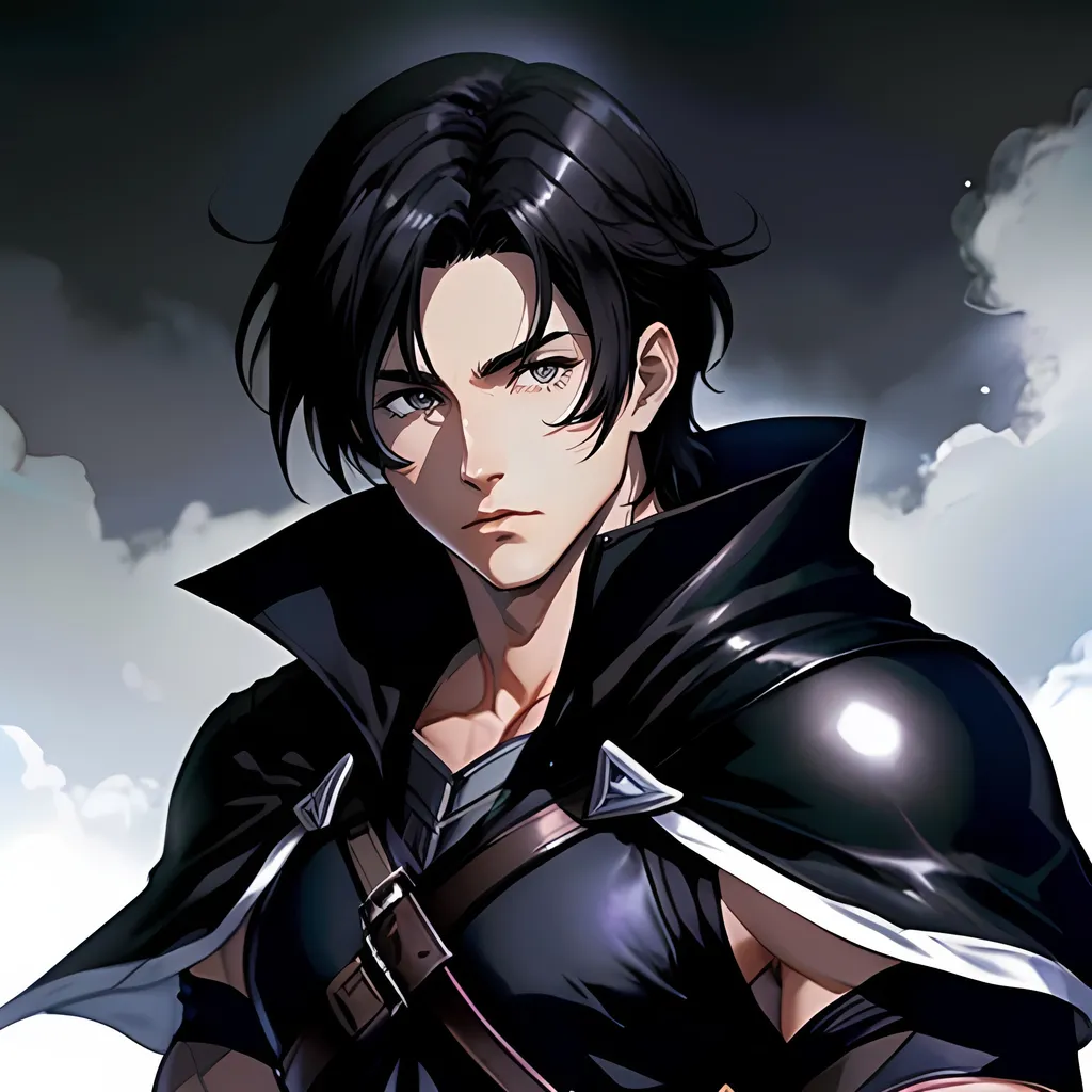 Prompt: 30 year old male ranger, fantasy clothing, short black hair, short hair, grey eyes, atmospheric color washes, calm expression, athletic strong build, muscular, masculine,  bloody, masculine