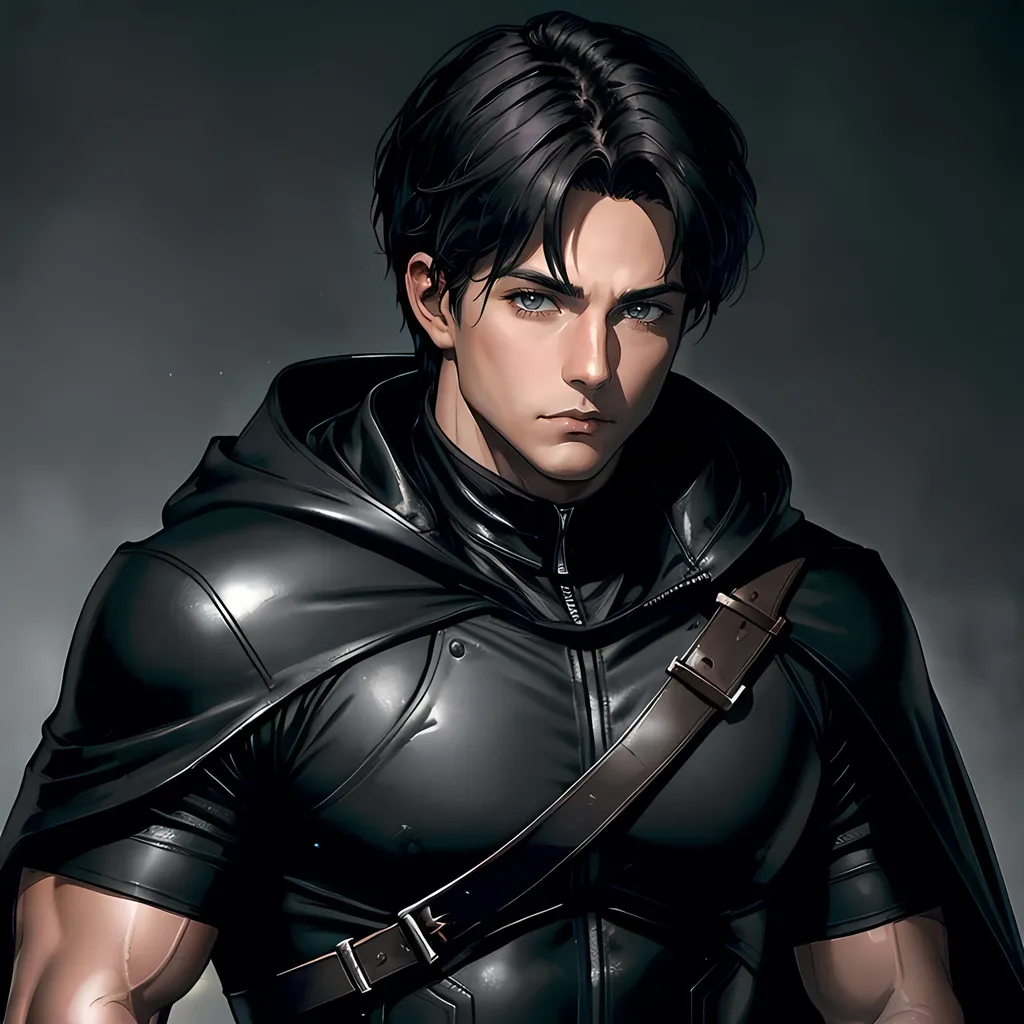 Prompt: 30 year old male ranger, dark leather, cape and hood, fantasy clothing, short hair, short hair,, grey eyes, atmospheric color washes, calm expression, athletic strong build, muscular, masculine, buff, bloody, resembles Jason Todd 