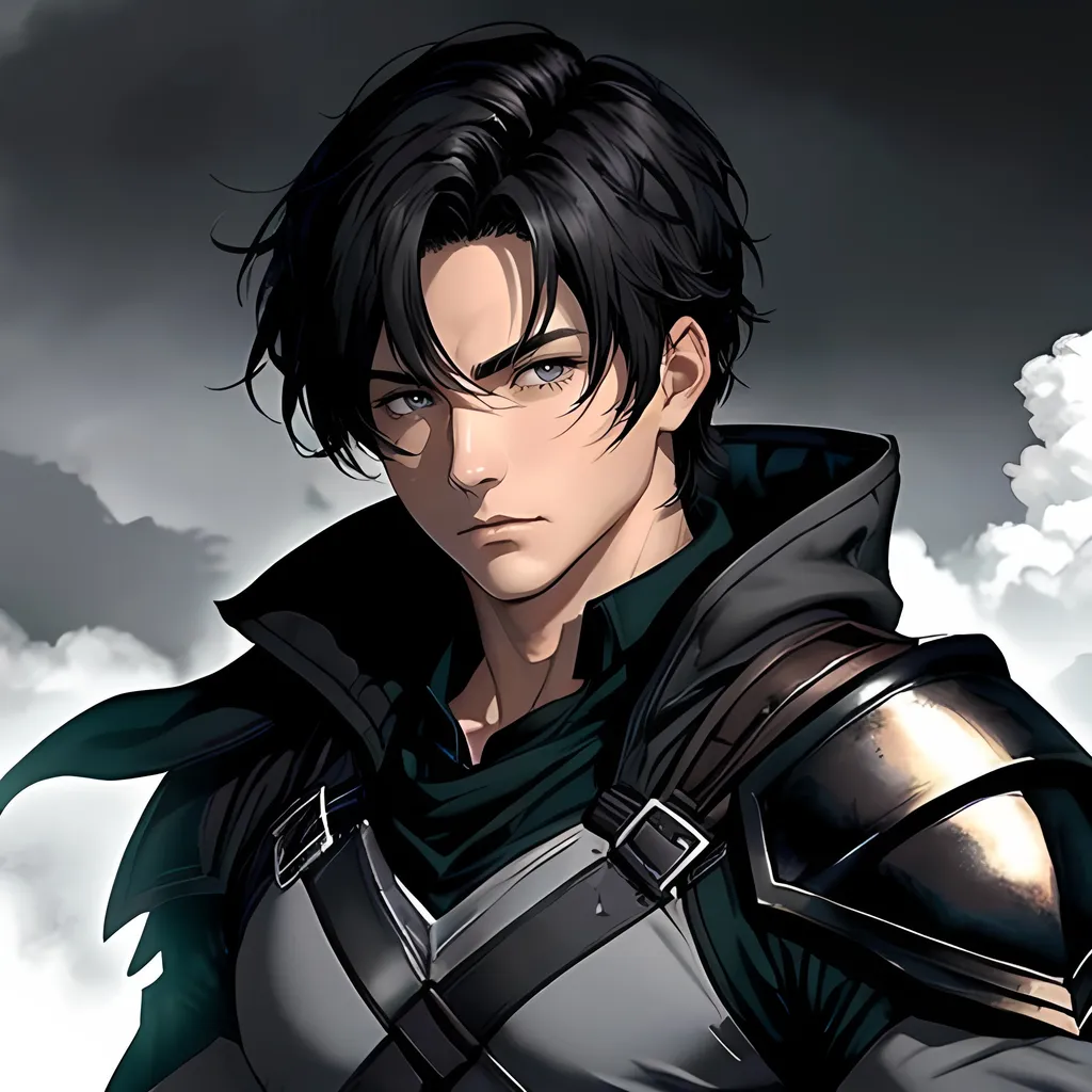 Prompt: 34 year old male ranger, fantasy clothing, short black hair, short hair, grey eyes, atmospheric color washes, calm expression, athletic strong build, muscular, masculine,  bloody, masculine, serious