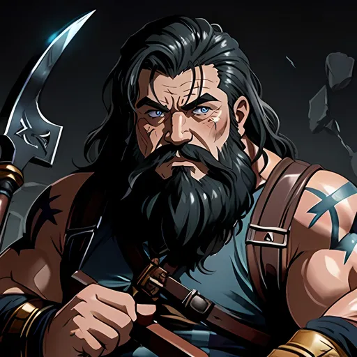 Prompt: older male dwarf barbarian, high quality, atmospheric color washes,  intimidating, facial hair, holding axe, scars