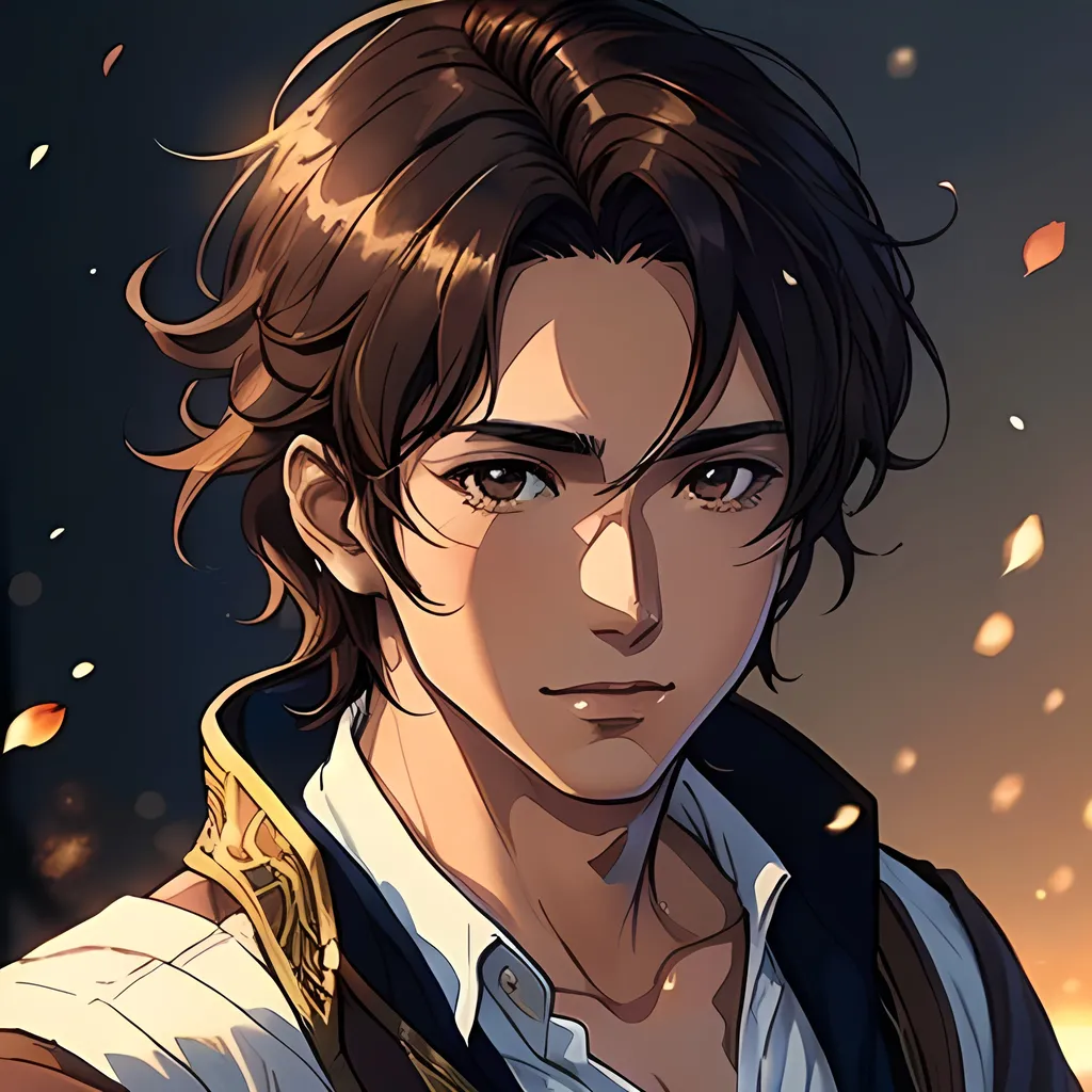 Prompt: 31 year old male peasant, auburn messy hair, soft features, brown eyes, tan skin, kind expression, detailed, atmospheric color washes