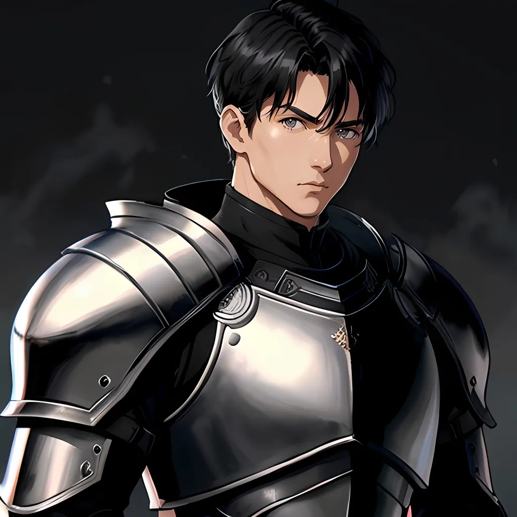 Prompt: 40 year old male knight, short black hair, short hair, short hair, grey eyes, atmospheric color washes, calm expression, edgy, full torso, athletic strong build, muscular, masculine, serious, buff, full torso, black armor