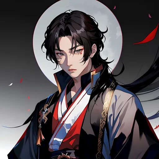 Prompt: hwang hyunjin samurai, male, korean fantasy, medium length hair, grey eyes, dark colors, horror themed