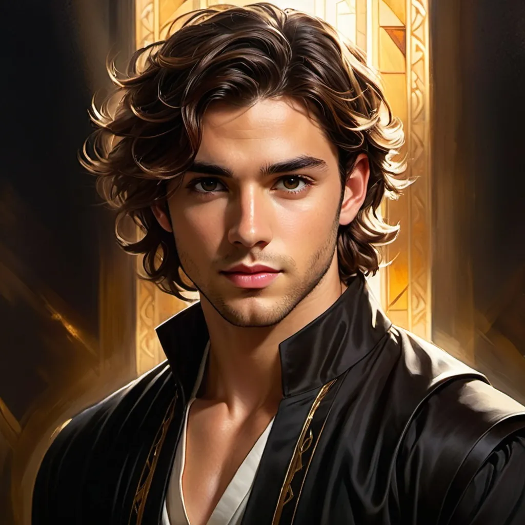 Prompt: 27 year old male, cleric, brown wavy hair, soft features, brown eyes, athletic build, resembles jonathan bailey, tan skin, kind expression, detailed, dark colors, in the style of layered gestures, god rays, dark gold and black, atmospheric color washes, john larriva, spiritualcore, religious themes, Heliocentric, looking away