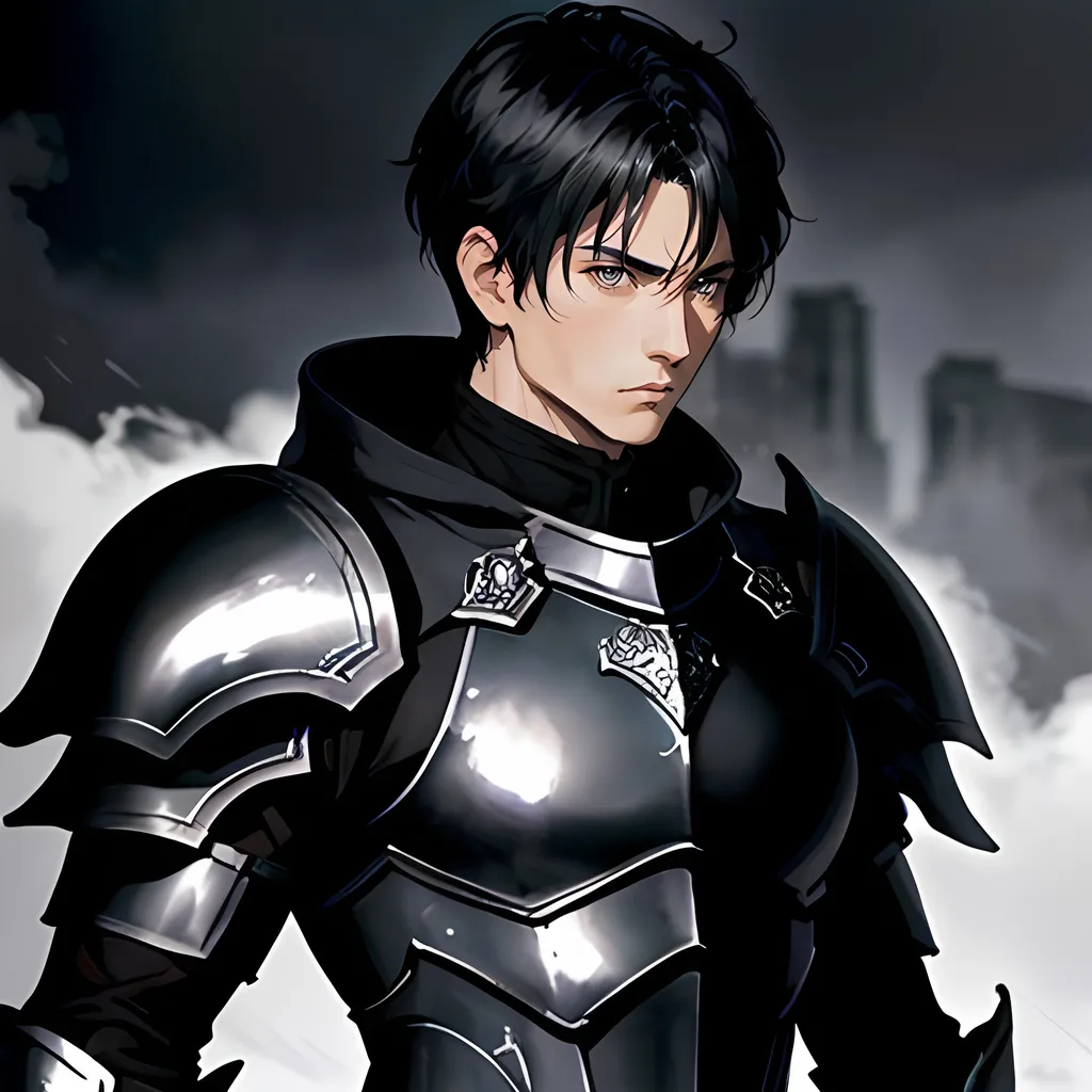 Prompt: 40 year old male black knight, short black hair, short hair, short hair, grey eyes, atmospheric color washes, calm expression, edgy, full torso, athletic strong build, muscular, masculine, serious, buff, full torso, ornate armor