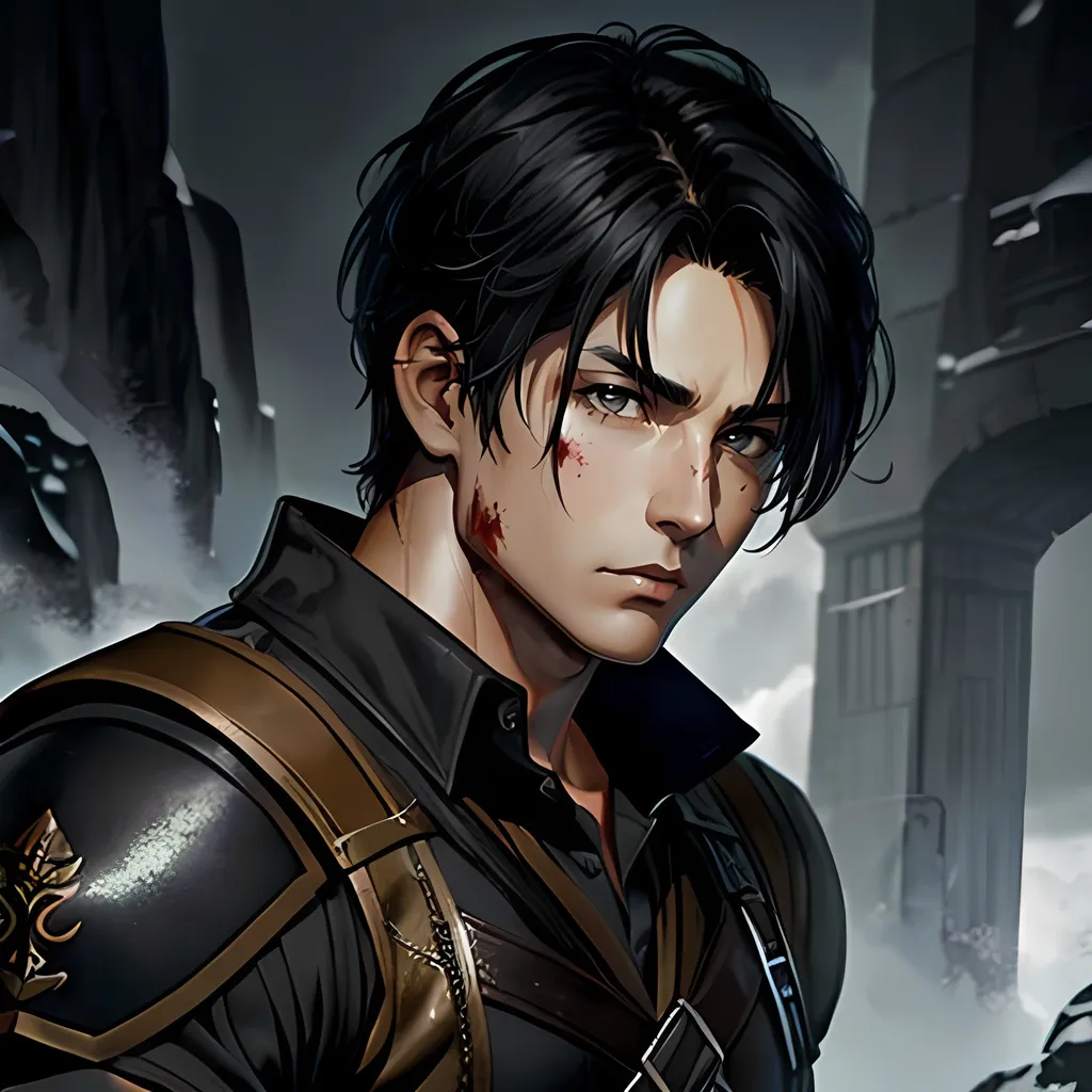 Prompt: 34 year old male ranger, fantasy clothing, short black hair, short hair, grey eyes, atmospheric color washes, calm expression, athletic strong build, muscular, masculine,  bloody, masculine, serious, bloody