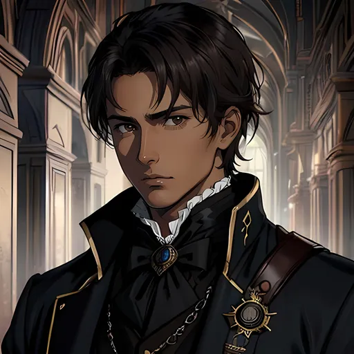 Prompt: 28 year old assassin, dark messy hair, handsome, tan skin, soft expression, brown eyes, detailed, atmospheric color washes, tan, high quality, dark victorian scenery