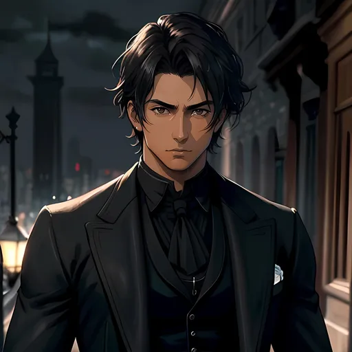 Prompt: 28 year old assassin, dark messy hair, handsome, tan skin, calm expression, detailed, atmospheric color washes, tan, high quality, dark victorian scenery, full torso, victorian black outfit, athletic build