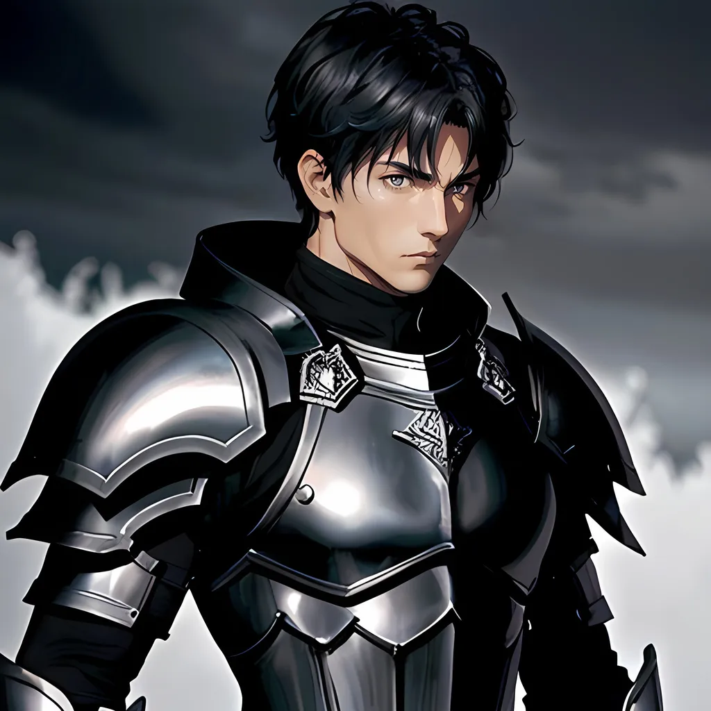 Prompt: 40 year old male black knight, short black hair, short hair, short hair, grey eyes, atmospheric color washes, calm expression, edgy, full torso, athletic strong build, muscular, masculine, serious, buff, full torso, ornate armor