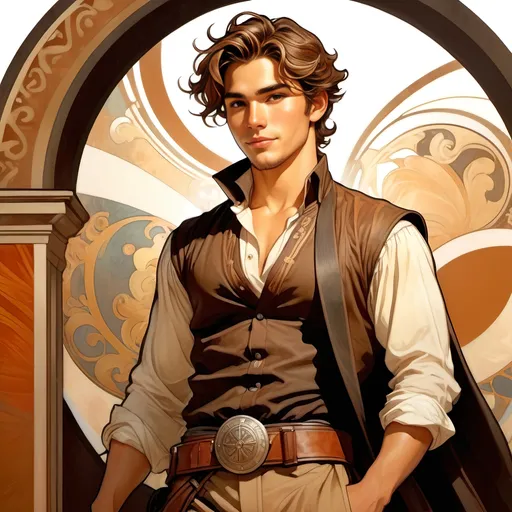 Prompt: 27 year old male gunslinger, cleric, brown messy hair pulled back into a short low ponytail, wavy hair, soft features, brown eyes, athletic build, full torso illustration, resembles jonathan bailey, tan skin, kind expression, full illustration, full body, detailed, dark colors, low ponytail, smiling