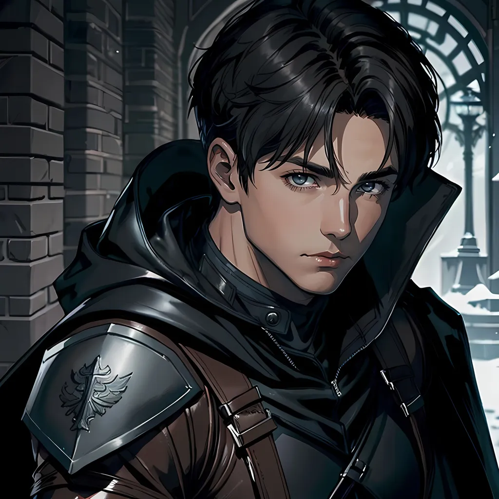 Prompt: 30 year old male ranger, dark leather, cape and hood, fantasy clothing, short hair, short hair,, grey eyes, atmospheric color washes, calm expression, athletic strong build, muscular, masculine, buff, bloody, resembles Jason Todd 