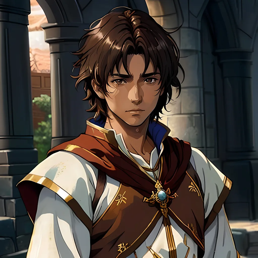 Prompt: 31 year old male peasant, auburn messy hair, soft features, brown eyes, tan skin, sad expression, detailed, atmospheric color washes, tan, fantasy clothing, cleric, full torso, high quality