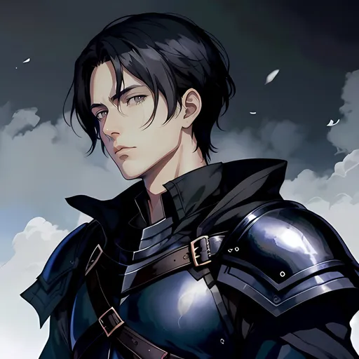 Prompt: 40 year old male black knight, short black hair, grey eyes, atmospheric color washes, calm expression, edgy