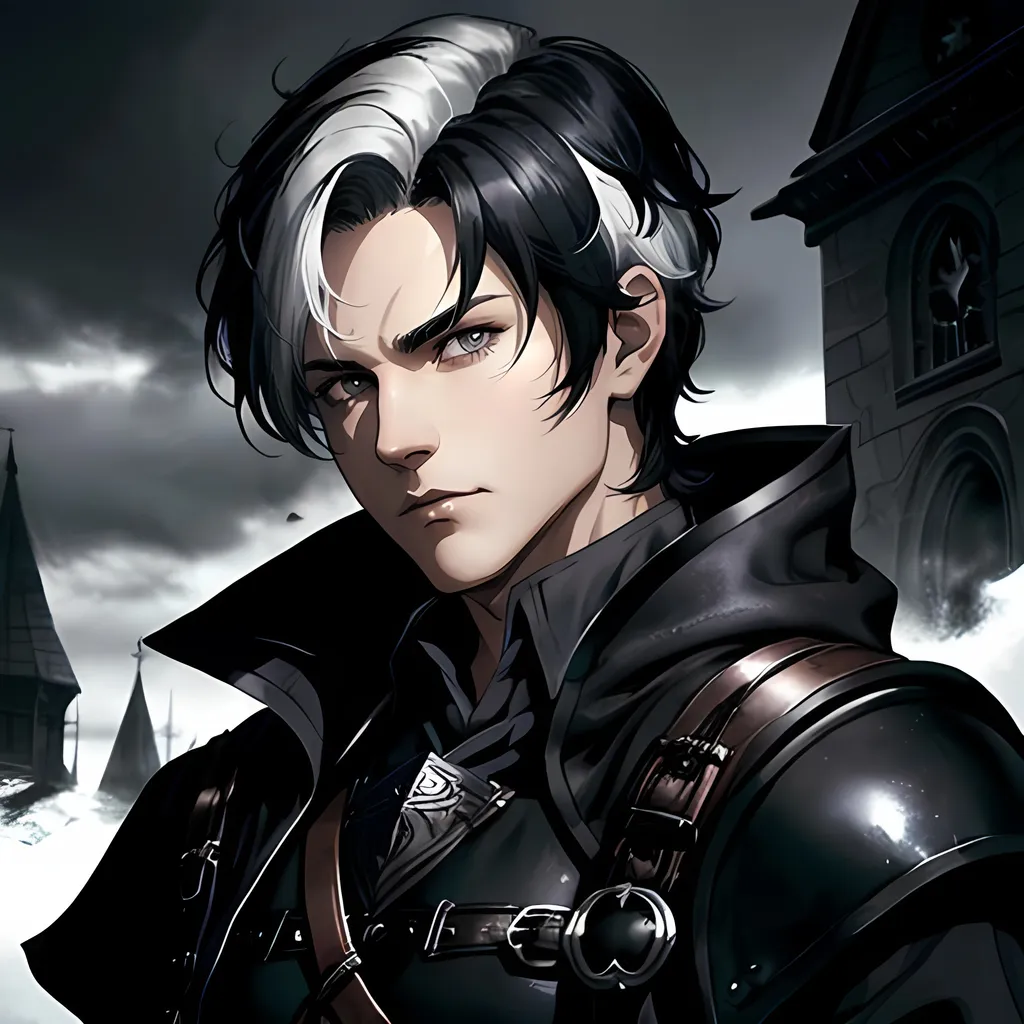 Prompt: 34 year old male dnd ranger, fantasy clothing, short black hair with a white streak, short hair, grey eyes, atmospheric color washes, calm expression, athletic strong build, bloody, masculine, serious, gothic horror themes, cape