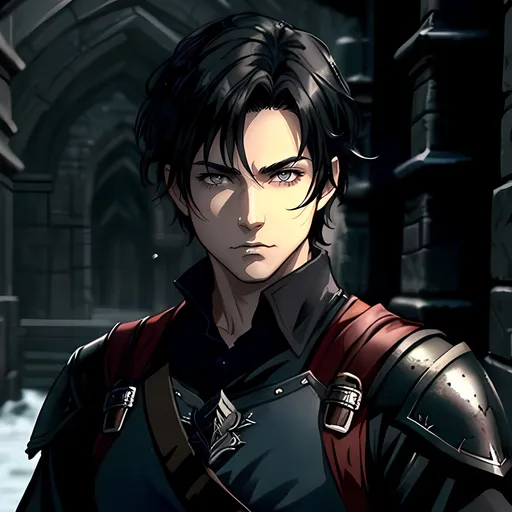 Prompt: 34 year old male dnd ranger, fantasy clothing, short black hair, short hair, grey eyes, atmospheric color washes, calm expression, athletic strong build, bloody, masculine, serious, gothic horror themes