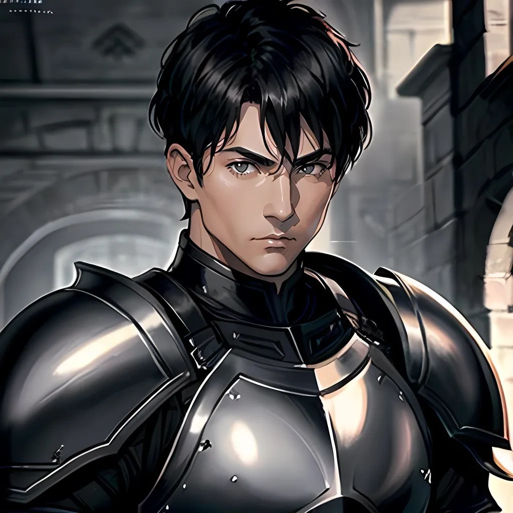 Prompt: 40 year old male knight, short black hair, short hair, short hair, grey eyes, atmospheric color washes, calm expression, edgy, full torso, athletic strong build, muscular, masculine, serious, buff, full torso, black armor