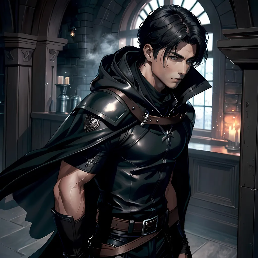 Prompt: 30 year old male ranger, dark leather, cape and hood, fantasy clothing, short black hair, grey eyes, atmospheric color washes, calm expression, athletic strong build, muscular, masculine, buff, bloody