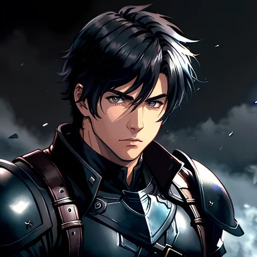 Prompt: 30 year old male, fantasy monster hunter, dark leather, short black hair, grey eyes, atmospheric color washes, calm expression, athletic strong build, muscular, masculine, buff, bloody, handsome