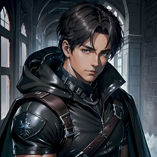 Prompt: 30 year old male ranger, dark leather, cape and hood, fantasy clothing, short hair, short hair,, grey eyes, atmospheric color washes, calm expression, athletic strong build, muscular, masculine, buff, bloody, resembles Jason Todd 