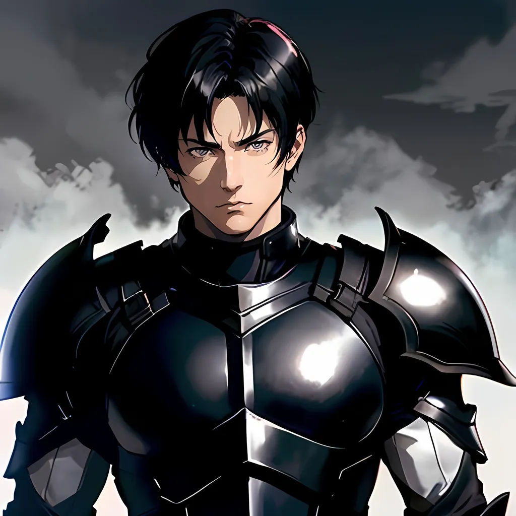 Prompt: 40 year old male black knight, short black hair, short hair, short hair, grey eyes, atmospheric color washes, calm expression, edgy, full torso, athletic strong build, muscular, masculine, serious, buff