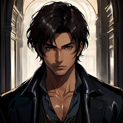 Prompt: 28 year old assassin, dark messy hair, handsome, tan skin, soft expression, brown eyes, detailed, atmospheric color washes, tan, high quality, dark victorian scenery