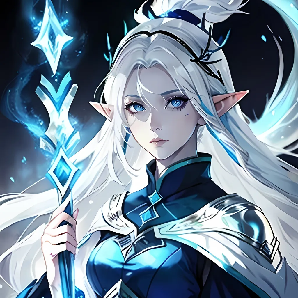 Prompt: beautiful white haired elf, blue skin, scar over her eye, grey eyes, tall, sorcerer, high quality, atmospheric color washes, modest clothing, intimidating