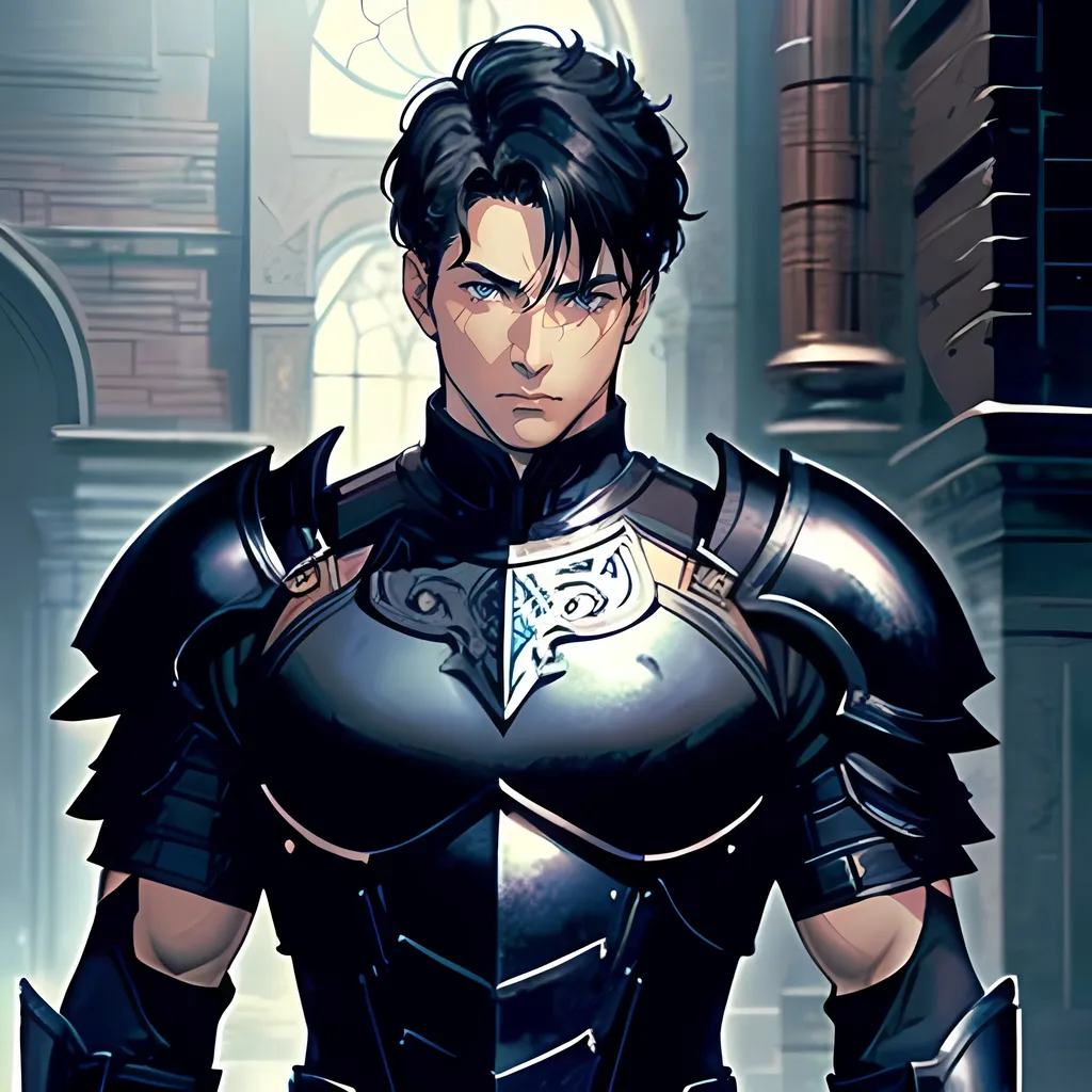 Prompt: 35 year old male, wearing ornate plate armor, dark colors, short black hair, short hair, dark blue eyes, atmospheric color washes, calm expression, full torso, athletic strong build, muscular, masculine, buff, full torso, resembles jason todd, bloody, full torso, ornate armor, bloody