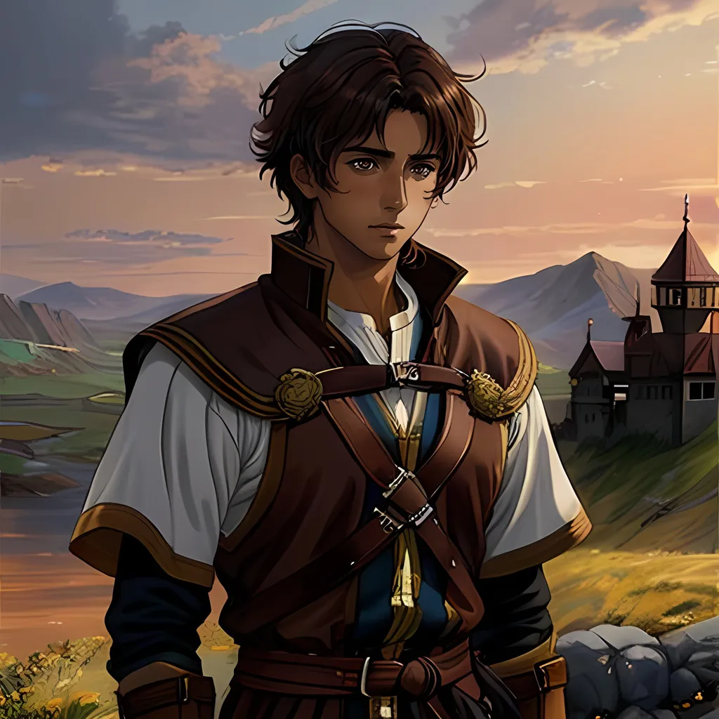 Prompt: 31 year old male peasant, auburn messy hair, soft features, brown eyes, tan skin, sad expression, detailed, atmospheric color washes, tan, fantasy clothing, cleric, full body, high quality