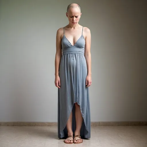 Prompt:  standing Bald caucasian ashamed girl wearing a long dress looking down with contempt to her thong sandals