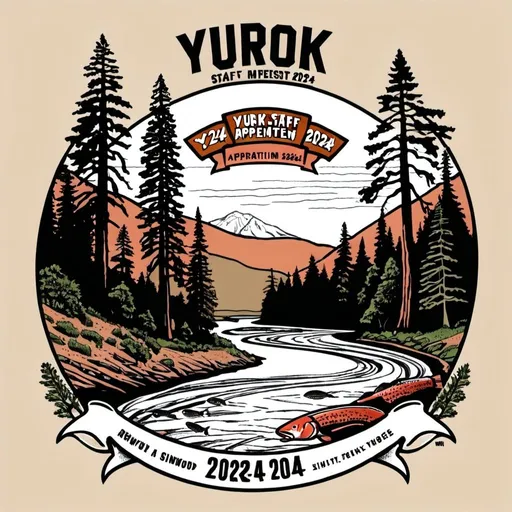 Prompt: tshirt design that says "Yurok Staff Appreciation 2024". Include a simple sketch of a river, redwood trees and salmon.