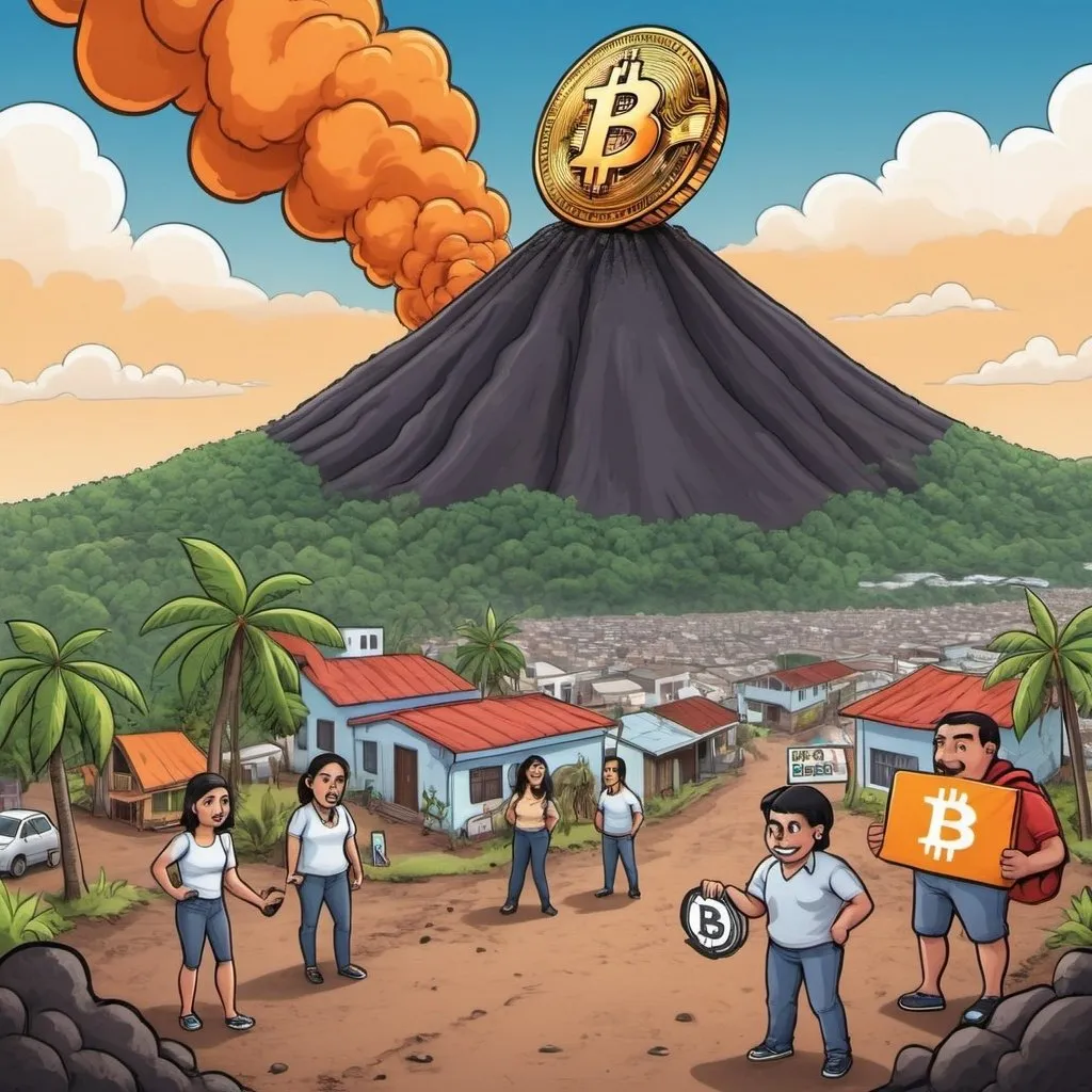 Prompt: a cartoon environment of El Salvador with hints to their bitcoin adoption, including the issuance of bitcoin as legal tender and the generation of electricity using their volcano


