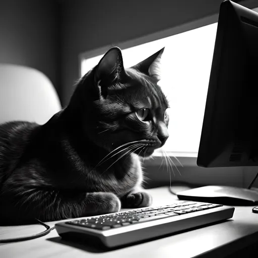 Prompt: Photo of cat using a computer, dramatic in the style of Dirk Braeckman, B&W