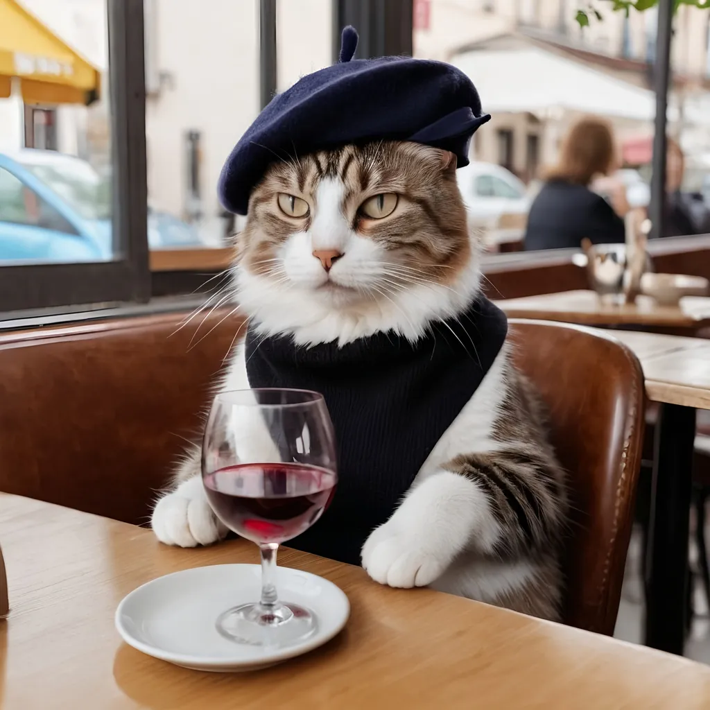 Prompt: a cat wearing a beret drinking wine in a cafe a woman is sitting beside him