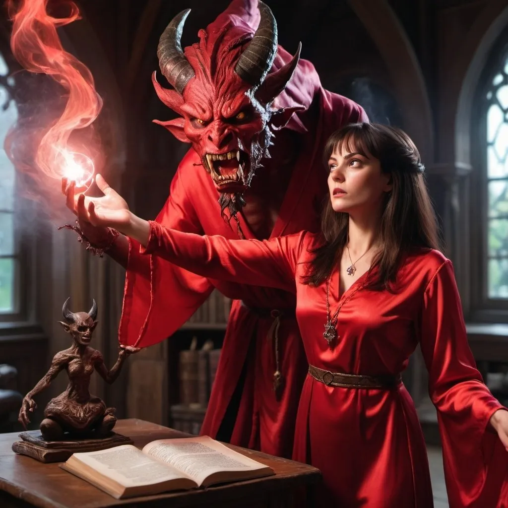 Prompt: A female wizard in a red silk shift casts a spell on an angry demon in a magical study
