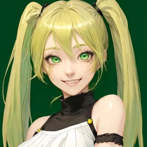 Prompt: anime girl, green eyes, blonde hair, pigtails and smile