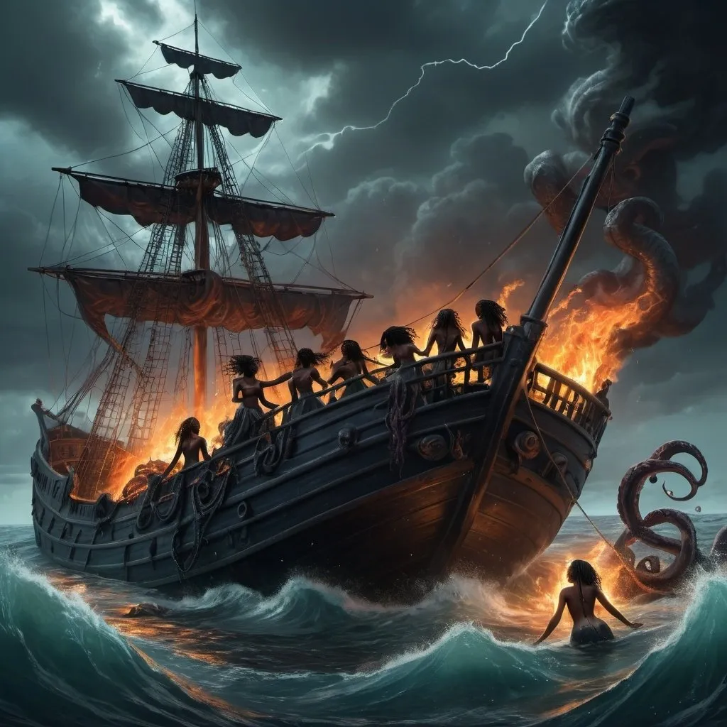 Prompt: Black mermaids in the water. pirate ship on fire and goods scattered on the sea with no land and giant big tentacles in the background engulfing the boat, lightning in background, intricate, detailed, morbid, dark, wet, volumetric lighting, sharp focus, scenery, digital painting, highly detailed, concept art, mermaids drowning, thunderstorms, mermaids with messy hair diving,  black women in water, tentacles emanating from the sea. Shipwreck, sinking ship 