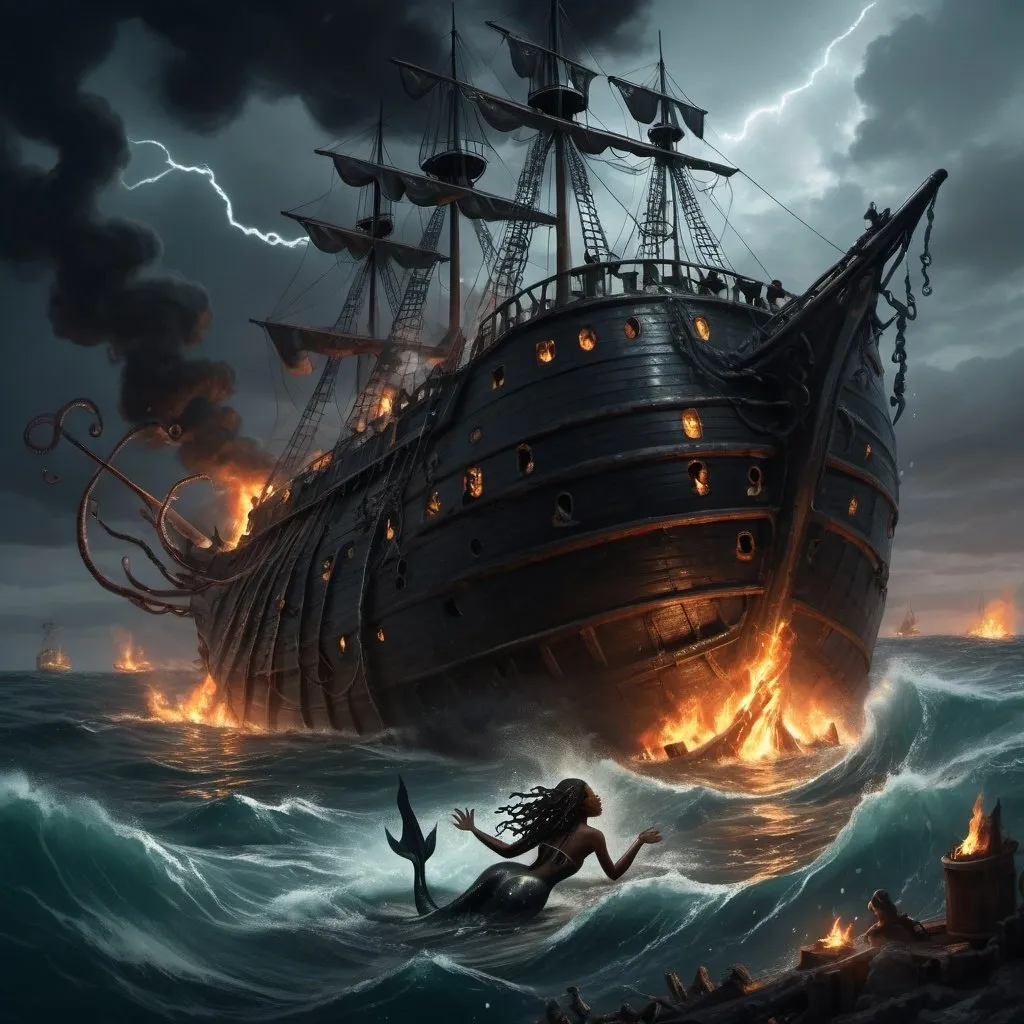 Prompt: Black mermaids in the water. pirate ship on fire and goods scattered on the sea with no land and giant big tentacles in the background engulfing the boat, lightning in background, intricate, detailed, morbid, dark, wet, volumetric lighting, sharp focus, scenery, digital painting, highly detailed, concept art, mermaids drowning, thunderstorms, mermaids with messy hair diving,  black women in water, tentacles emanating from the sea. Shipwreck, sinking ship 