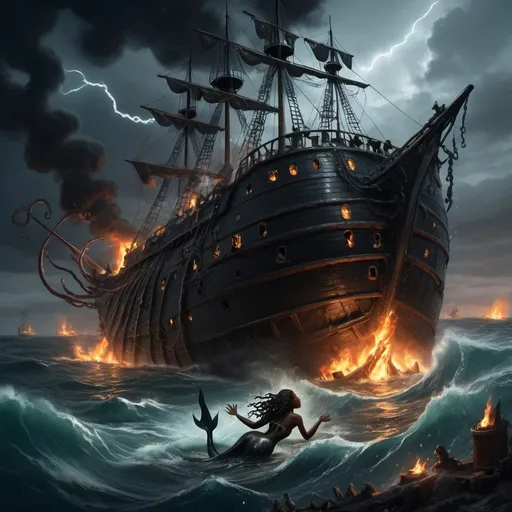 Prompt: Black mermaids in the water. pirate ship on fire and goods scattered on the sea with no land and giant big tentacles in the background engulfing the boat, lightning in background, intricate, detailed, morbid, dark, wet, volumetric lighting, sharp focus, scenery, digital painting, highly detailed, concept art, mermaids drowning, thunderstorms, mermaids with messy hair diving,  black women in water, tentacles emanating from the sea. Shipwreck, sinking ship 