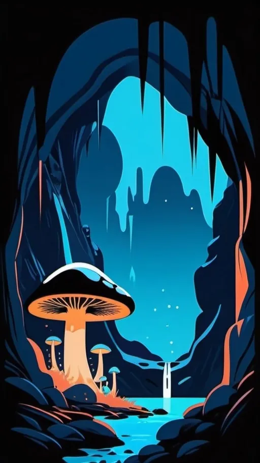 Prompt: 2d flat art, a mystical cave, the walls are covered in blue glowing scripture, black mushrooms sprout on the rocks, vector art, cover art, dark colors, simple shapes