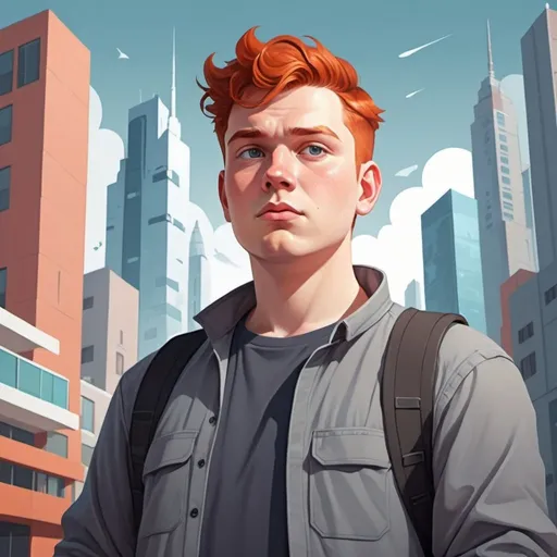 Prompt: 2d flat art, slightly chubby young man, kind eyes, reddish hair, grey overall, chest upward, vector art, futurist city scape, cover art, bright colors, 