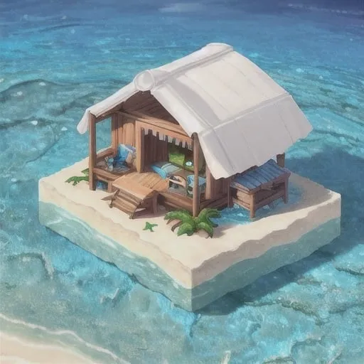 Prompt: miniature isometric world render, a hut surrounded by clear water, bahamas, on a table