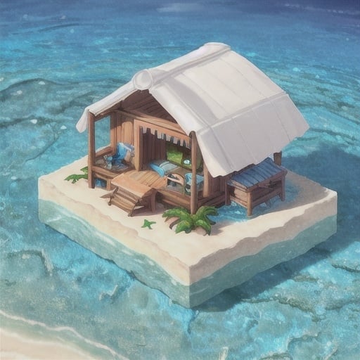 Prompt: miniature isometric world render, a hut surrounded by clear water, bahamas, on a table