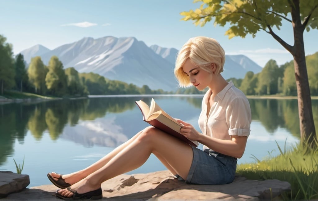 Prompt: Create an illustration of a woman with short blonde hair sitting by a lake reading a book 