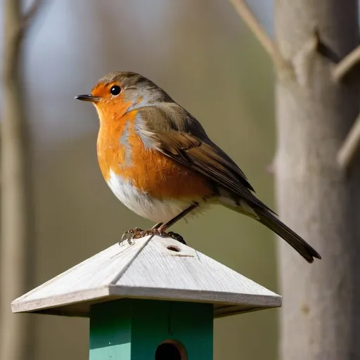 Prompt: a sleek robin sitting on a birdhouse