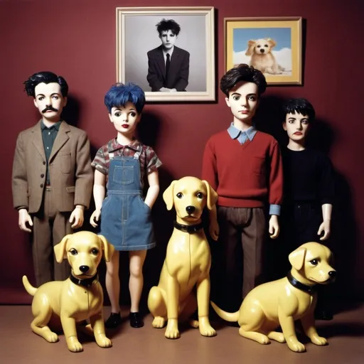 Prompt: a record cover for a 1990s indie rock band, with no people, just little vintage toys dressed like 90s indie rockers and manic pixie puppy dogs who listen to the cocteau twins