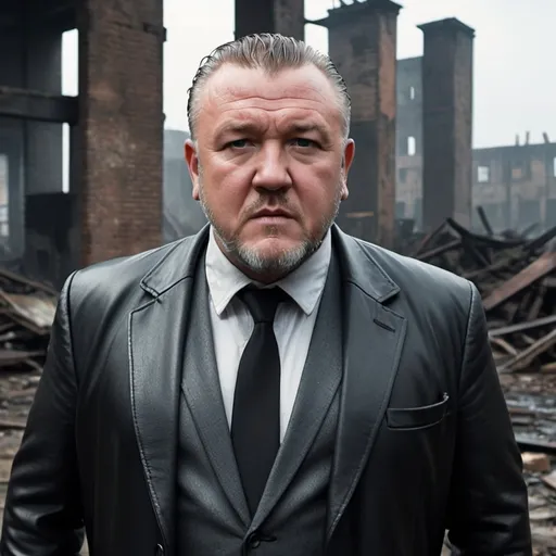 Prompt: a hyper realistic, full shot photo image of actor Ray Winstone with a shaved head and a goatee beard, wearing a heavy black leather blazer style jacket, grey button shirt and loose black tie, glaring into the camera. The pose is central to the screen. The background are the smoky, misty, scary ruins of an old abandoned factory. 4k definition.