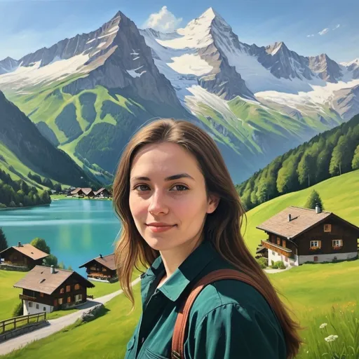 Prompt: Me in Switzerland, oil painting, picturesque mountain landscape, high quality, realistic, vibrant colors, alpine setting, clear blue sky, lush green meadows, snow-capped peaks, tranquil lake, peaceful atmosphere, traditional chalet, detailed facial features, natural beauty, serene lighting