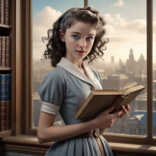 Prompt: (realistic image of 1950's girl age-18), (thin, pretty, petite, skinny), light skin, (curly dark hair), blue eyes, (dressed in grey), posed wielding ancient book, period library background, morning city view out of large window, (rich textures), (soft lighting), (ultra-detailed), 4k quality, opulent decor.